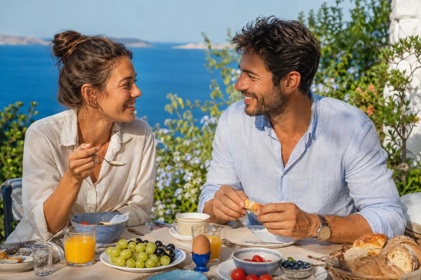 Couple sharing breakfast on a seaside terrace; illustrative holiday image